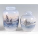 A Royal Copenhagen large porcelain ginger jar and cover, decorated with sailing boat and portside