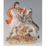 A large Victorian Staffordshire flatback figure group of Samson and the Lion, he in standing pose