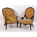 A Victorian mahogany framed library armchair, having a swept frame, the scroll arms with flower head