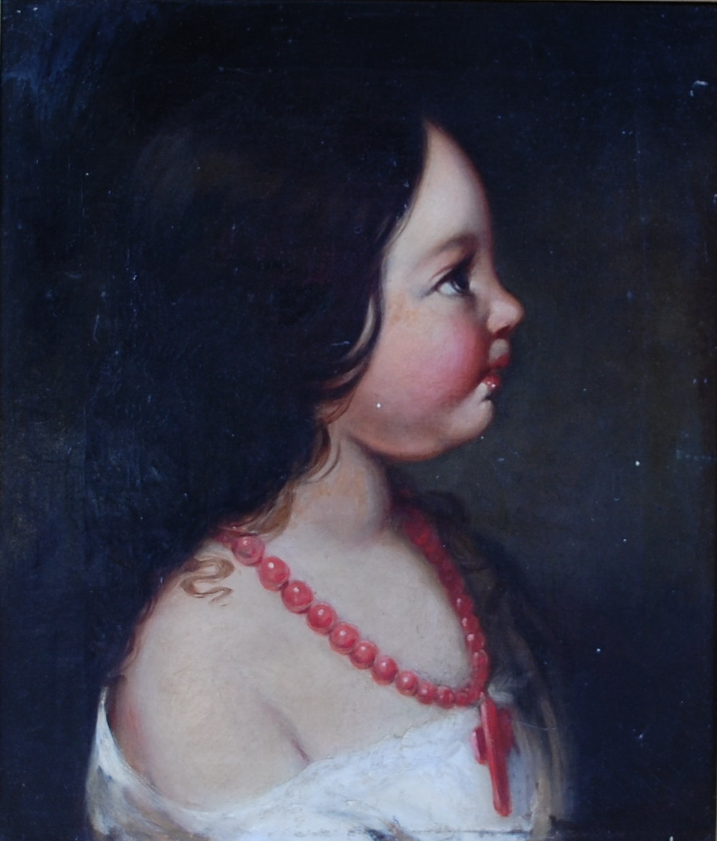 19th century school - Profile portrait of a girl wearing a coral necklace, oil on canvas, 35 x 30cm