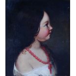 19th century school - Profile portrait of a girl wearing a coral necklace, oil on canvas, 35 x 30cm