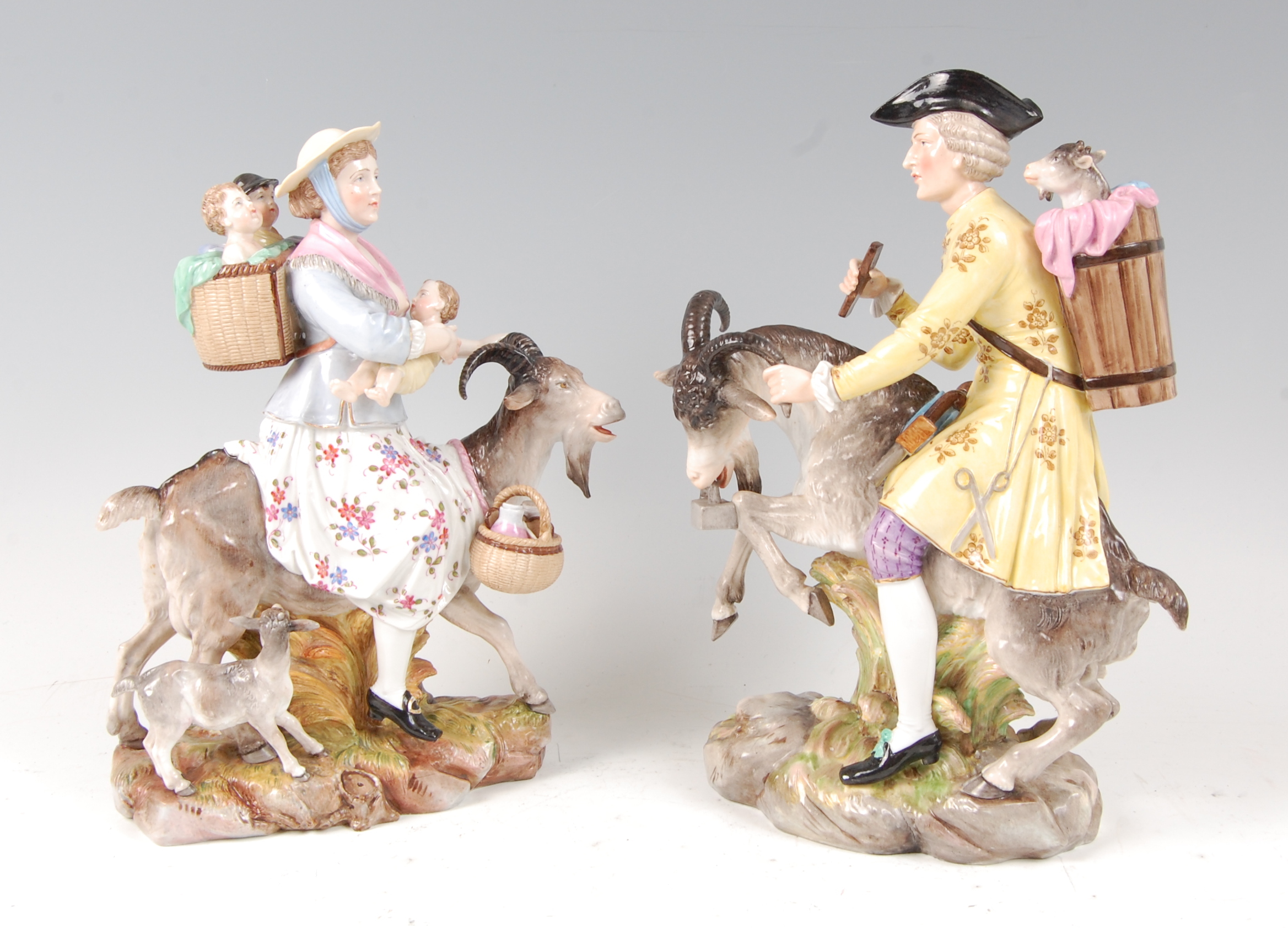 A pair of continental porcelain figures after the Derby originals, the Welsh tailor and his wife,