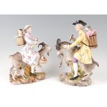 A pair of continental porcelain figures after the Derby originals, the Welsh tailor and his wife,