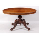 A Victorian burr walnut pedestal breakfast table, having a four-quarter veneered snap-top to a