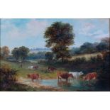 William G Meadows (act.1870-1895) - Extensive pastoral scene with cattle watering in the foreground,