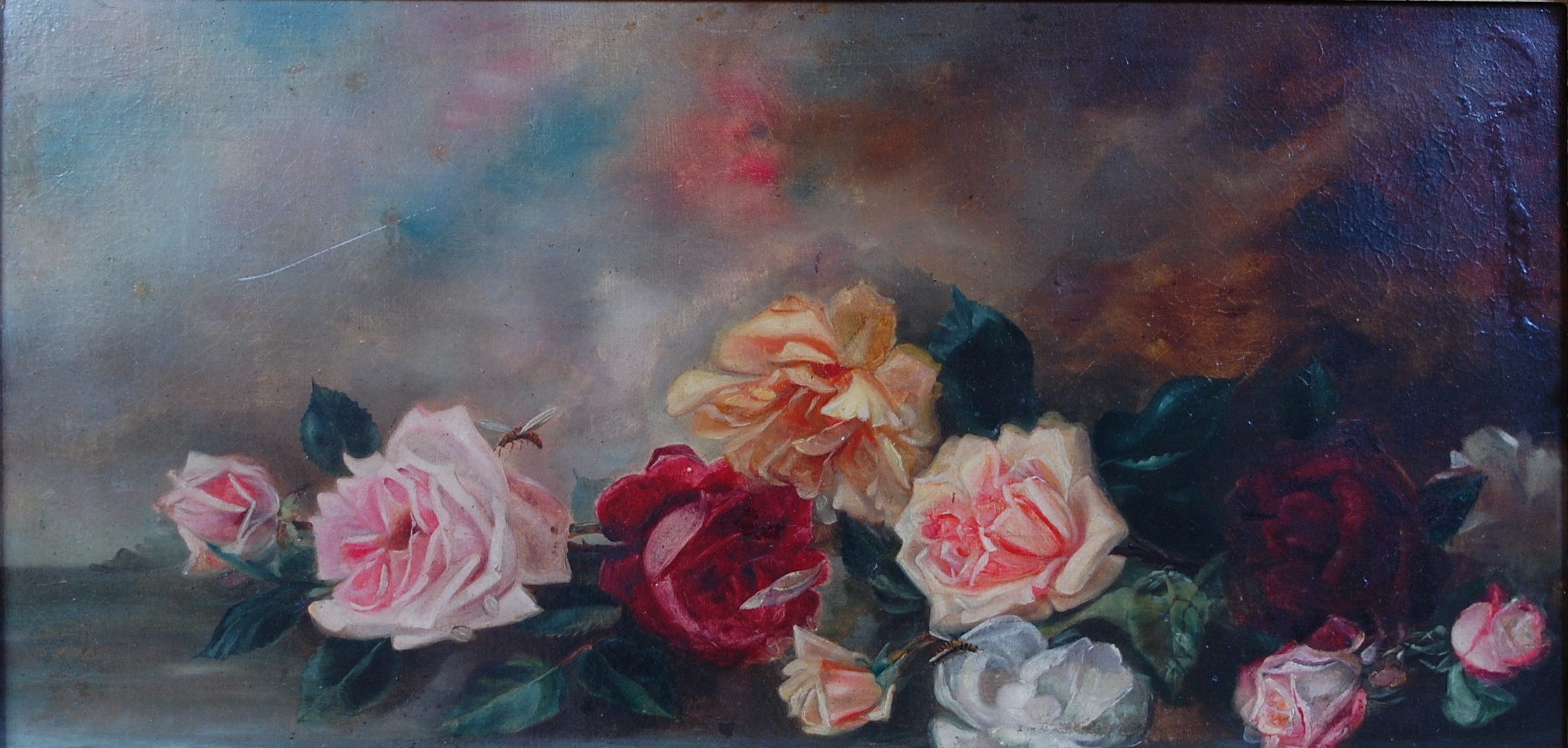 Early 20th century English school - Still life with cabbage roses and insects, oil on canvas (re- - Image 2 of 3