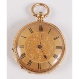 An 18ct yellow gold open faced pocket watch, the gilded dial with Roman numerals, engraved floral