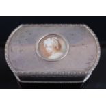 An Edwardian silver table snuff box, of rounded rectangular form, the hinged lid with inset portrait