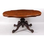 A Victorian burr walnut pedestal breakfast table, the shaped oval four-quarter veneered snap-top