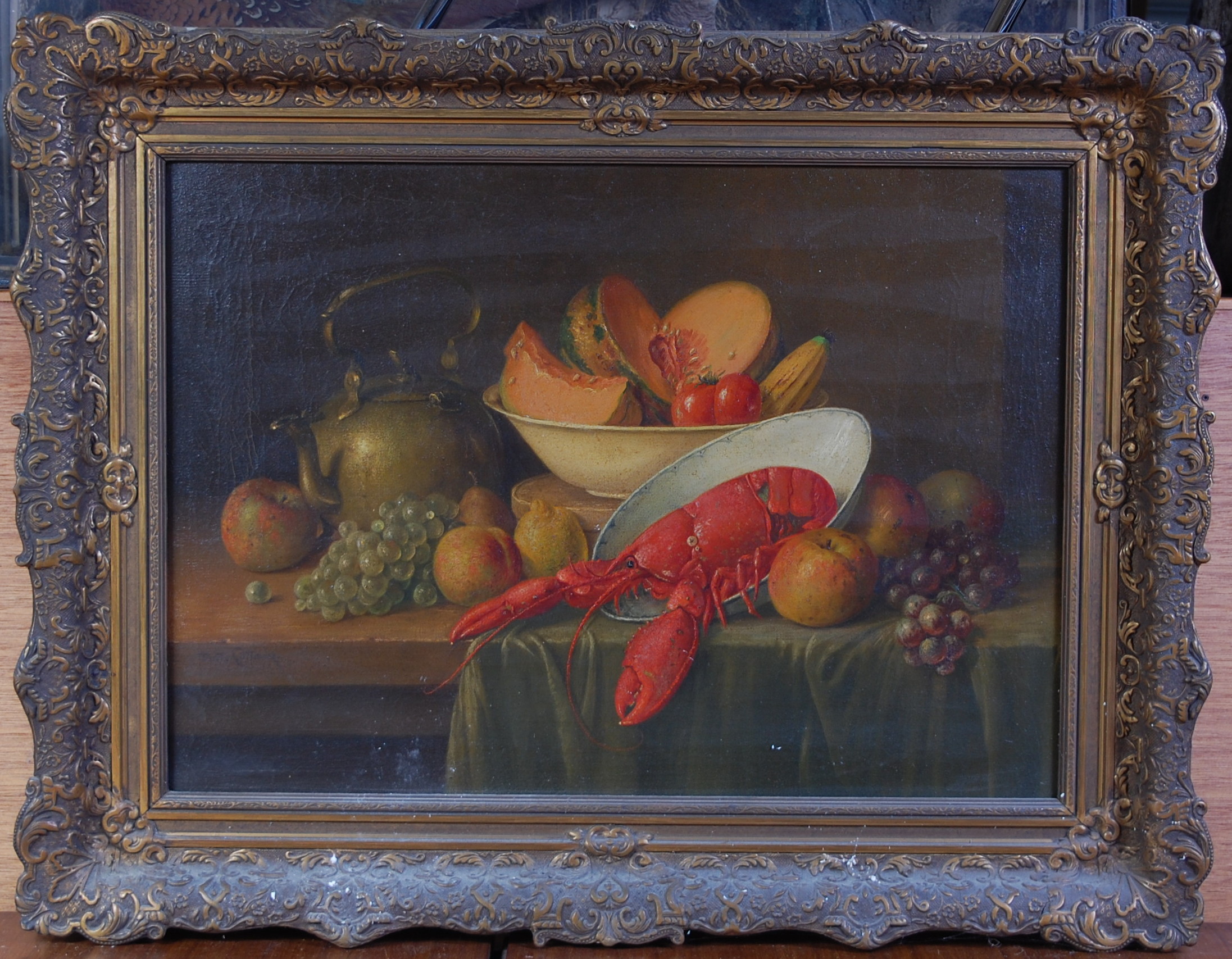 P** Cottam - Still life with fruit and lobster on a stone ledge, oil on canvas, signed lower left, - Image 2 of 4