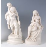 A Victorian parian figure of a girl seated on a rockwork base with a kid goat on her lap, stamped