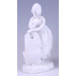 A 19th century Meissen blanc-de-chine figure of a lady in dress, against a wicker basket, underglaze