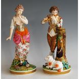 A pair of early 19th century Bloor Derby porcelain shepherd and shepherdess figures, modelled as a