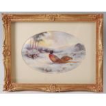 Milwyn Holloway - a pair of painted porcelain oval plaques, each depicting game birds within a