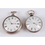 A George IV silver pair-cased pocket watch, the white enamel dial with Roman numerals, keywind chain