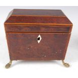 A late George III burr yew and boxwood strung tea caddy , of sarcophagus form, the hinged lid