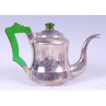An Indian silver teapot, of waisted form, with early green plastic finial and handle, C20th, gross