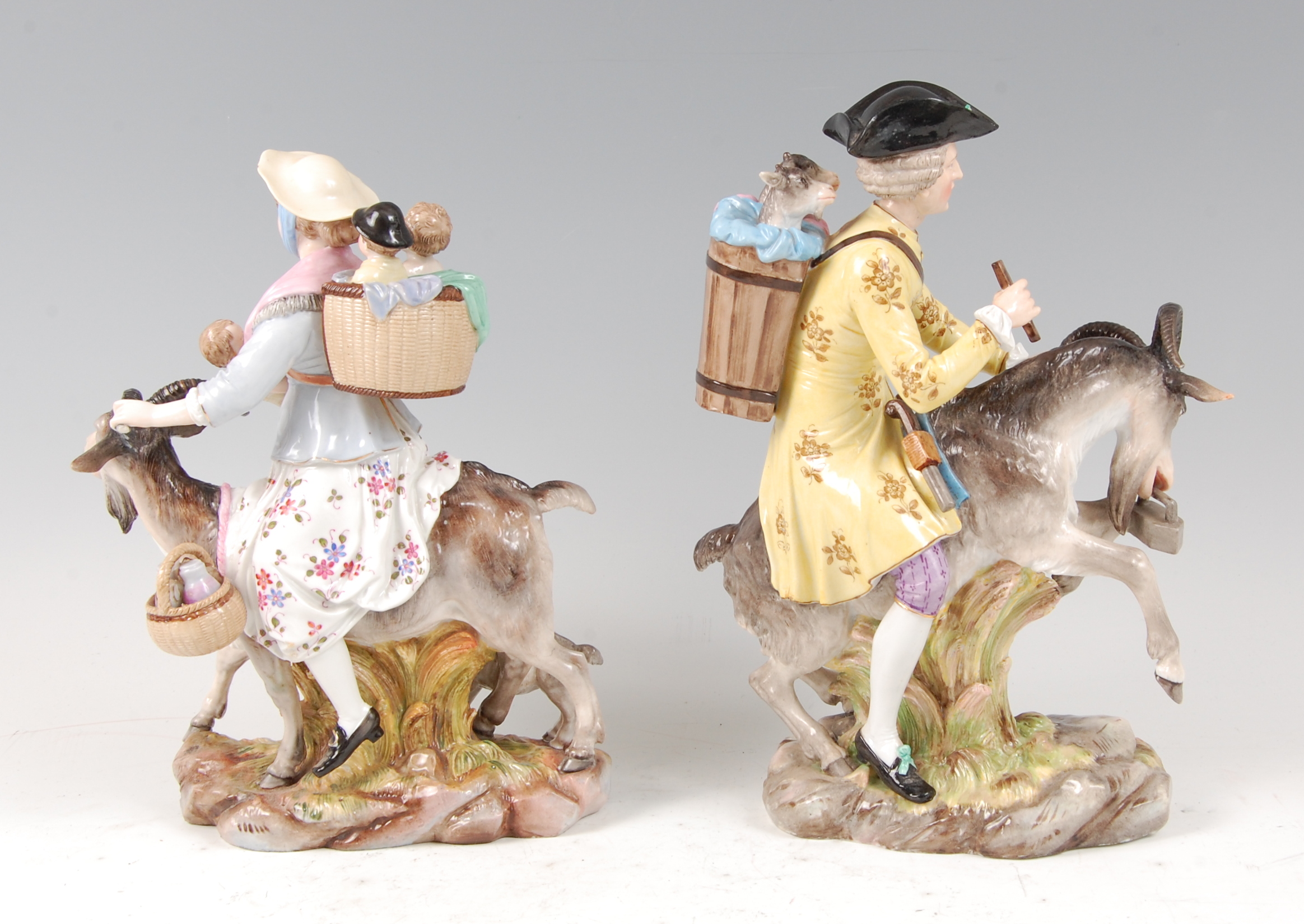 A pair of continental porcelain figures after the Derby originals, the Welsh tailor and his wife, - Image 2 of 3