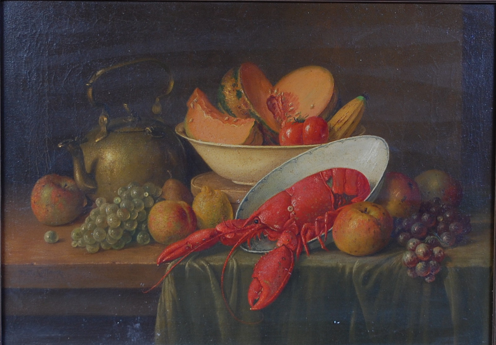 P** Cottam - Still life with fruit and lobster on a stone ledge, oil on canvas, signed lower left,