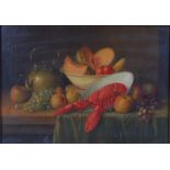 P** Cottam - Still life with fruit and lobster on a stone ledge, oil on canvas, signed lower left,