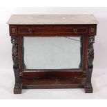 A 19th century mahogany console table, in the French Empire style, having white marble top with
