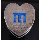 A Victorian silver heart shaped box, the removable cover blue enamel decorated with a viaduct and
