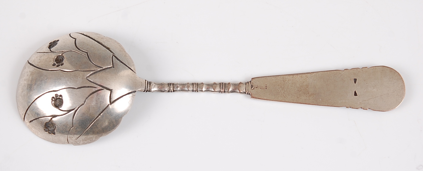 A Japanese Meiji period white metal spoon, the bowl decorated with leaves and bamboo, the stem - Image 2 of 2