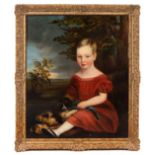Early 19th century school - Child with dog, landscape portrait, oil on canvas (re-lined), 75 x 65cm