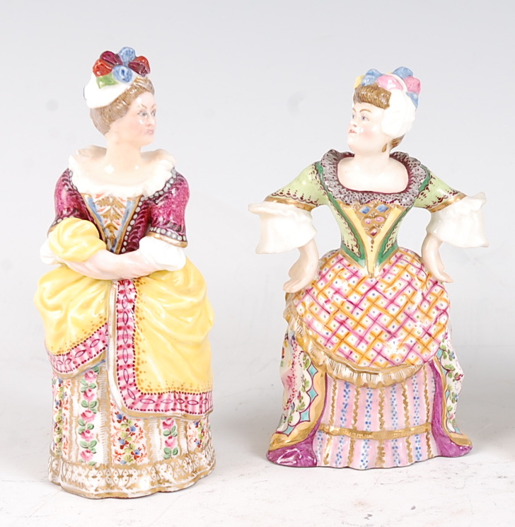 A pair of Victorian Mintons figural candle-snuffers, 'The Rivals' Lady Teazle and Mrs Malaprop, each