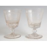 A pair of early 19th century 'Sunderland Bridge' engraved glass goblet, the bucket bowls engraved to