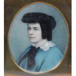 19th century English school - Head and shoulders portrait of a lady in hat with blue dress and