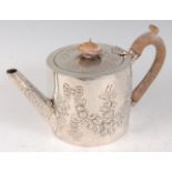 A George III silver bachelors teapot, of circular form, the cover with fruitwood finial and