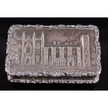 A William IV silver 'castle-top' vinaigrette, of rectangular form, the hinged lid relief decorated