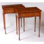 A pair of figured walnut, feather and crossbanded serpentine side tables, in the 18th century style,