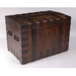 A 19th century oak and metal bound silver chest, of good size, having twin end carry handles, with
