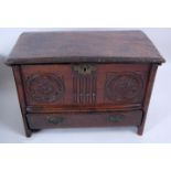 A circa 1700 and later oak mule chest, of small proportions, the top having a moulded edge and on