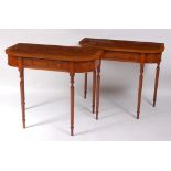 A pair of figured walnut, feather and crossbanded D-shaped side tables, in the 18th century style,