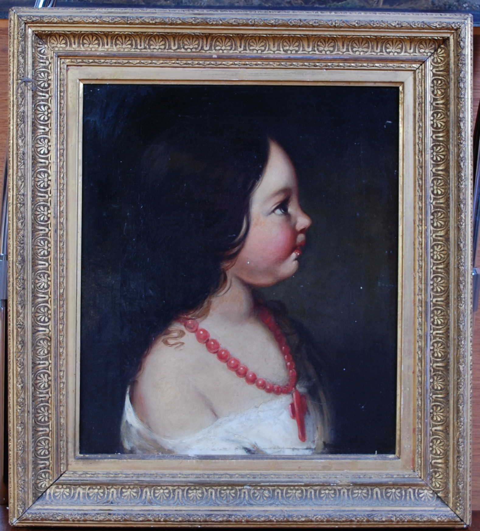 19th century school - Profile portrait of a girl wearing a coral necklace, oil on canvas, 35 x 30cm - Image 2 of 3