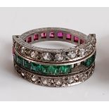 A white metal hinged ruby, green garnet and colourless sapphire full hoop eternity ring, designed to