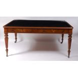 An early Victorian oak and burr oak library table, the top with a thumb-moulded edge and having a