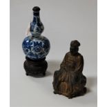 A Chinese export blue and white double gourd vase, on carved hardwood stand, gross h.23cm;