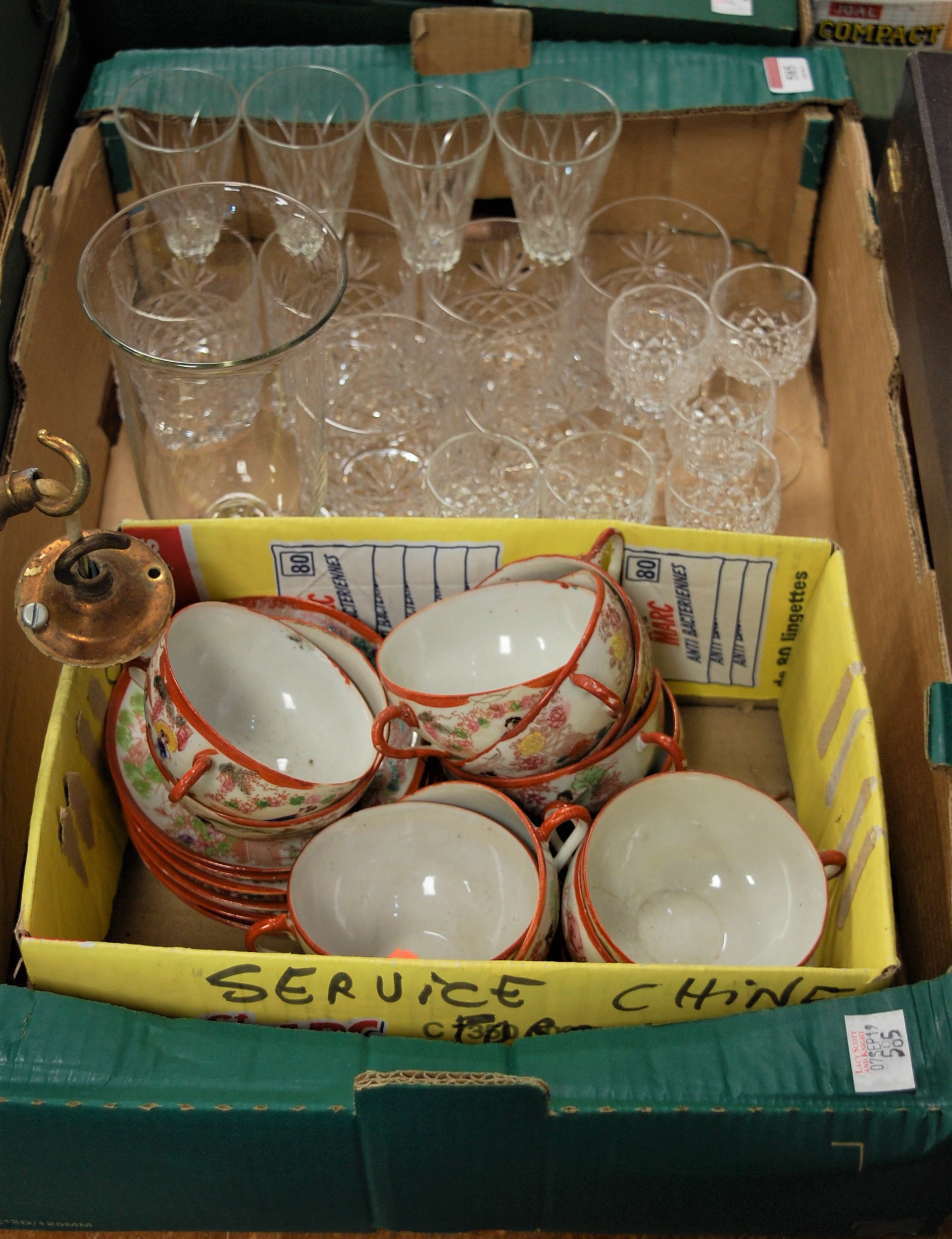 One box of sundries to include part egg shell tea service and mixed glassware.