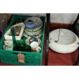 A box of mixed china and glass including Mdina glass vase, mixed Portmeirion, souvenir spoons,