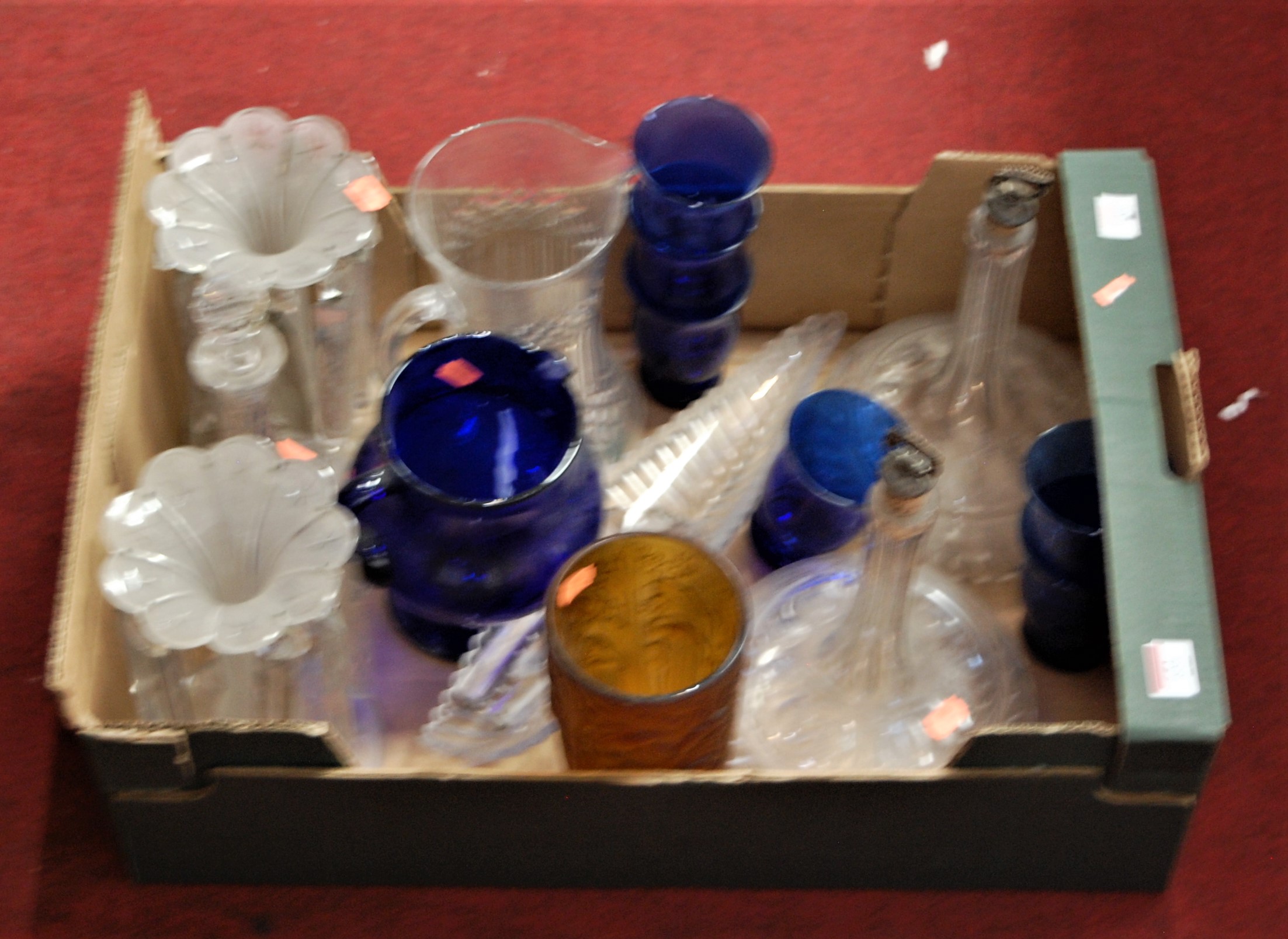 A box of glassware to include pair of Victorian glass lustres, blue glass lemonade set etc