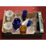 A box of glassware to include pair of Victorian glass lustres, blue glass lemonade set etc