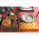 Mixed lot to include African drum, modern chess set in box, Trafford plaque etc