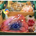 Two boxes of mixed glassware to include art glass, Murano jack-in-the-pulpit vase etc