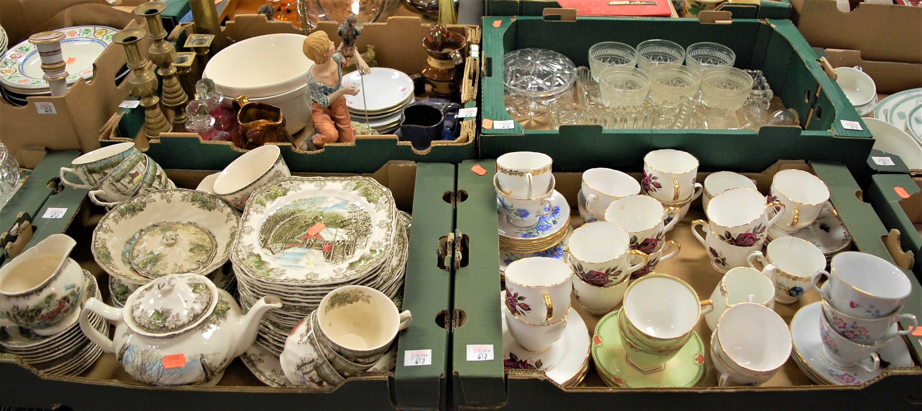Four boxes of mixed sundries including Johnson Bros part service, mixed china and glassware etc