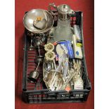 A box of assorted plated wares, to include wine goblets and claret jug; together with stainless