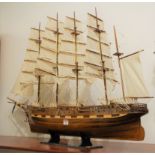 A softwood scale model of the four masted clipper ship France II, raised on stand, height 64cm